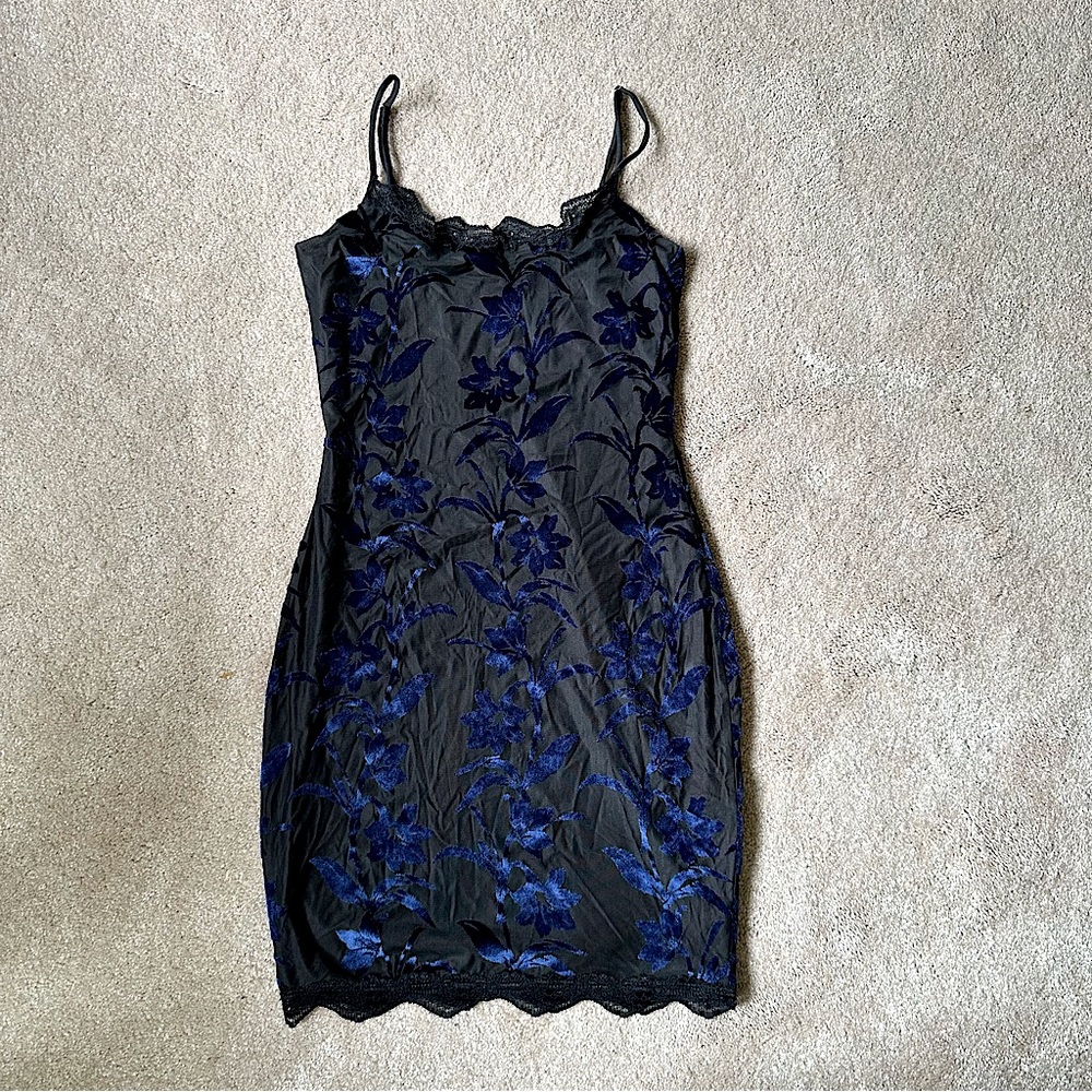 Black Navy Floral Polyester Mini Sexy Dress Adjustable Straps Lace Trim